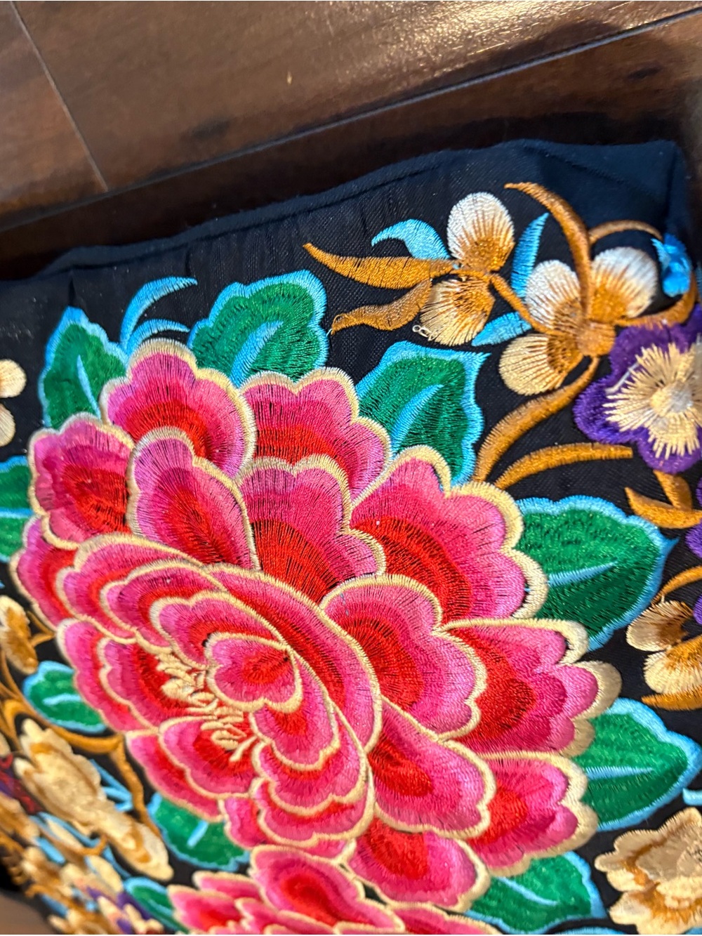 Embroidered Floral Tote Bag in Black and Pink - Picture 4 of 8